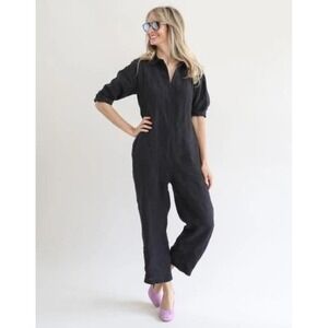 Beatrice Valenzuela Jumpsuit  Size Small Black Linen "Picasso" Front Zipper